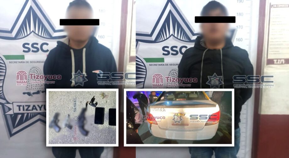 Tras asalto a tienda en Tizayuca, detienen a dos a bordo de taxi; les aseguran arma y mercancía